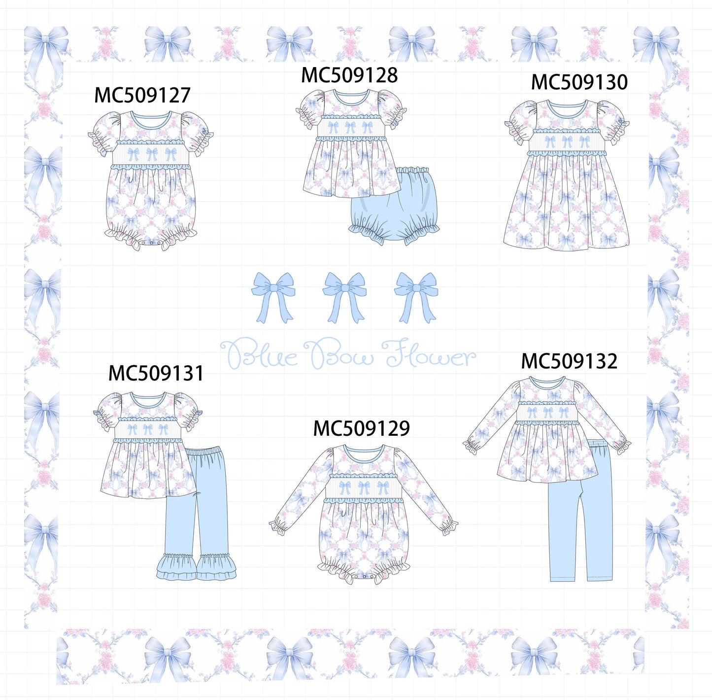 PO65 Blue bow floral smocked ruffle collection