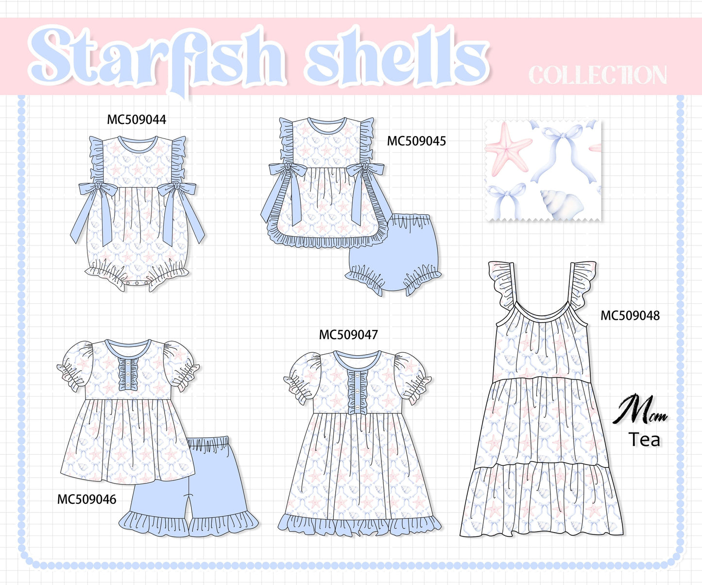 PO65 Blue starfish shell print ruffle collection