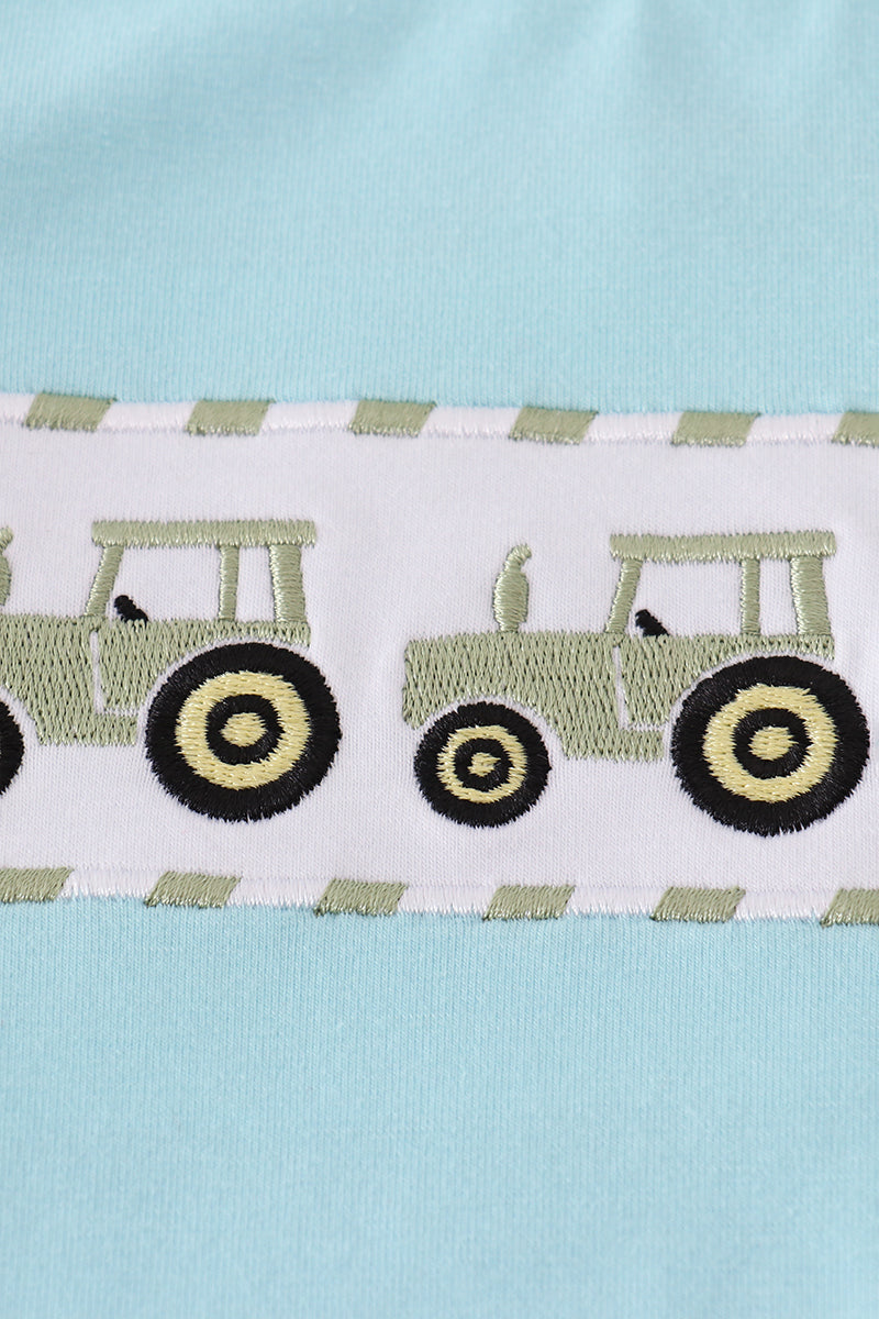 Blue tractor embroidery romper