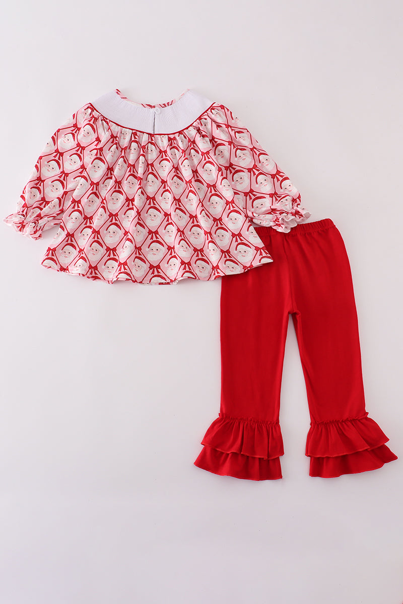 Red santa claus smocked ruffle pants set