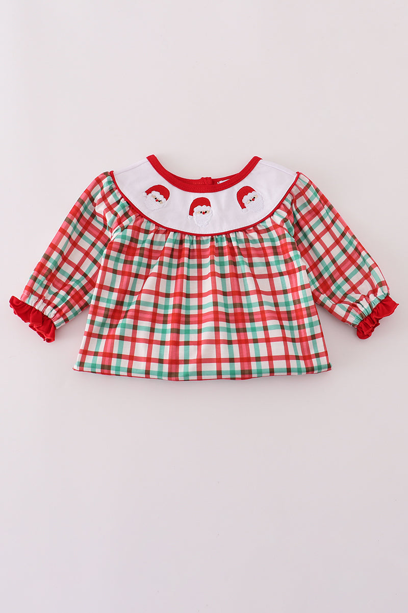 Red santa claus embroidery plaid ruffle romper