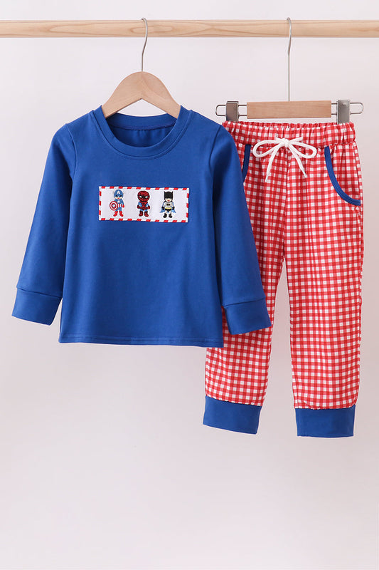 Blue character embroidery pants set