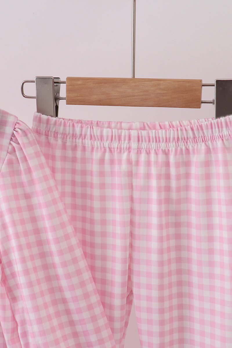 Pink santa claus embroidery gingham pants set