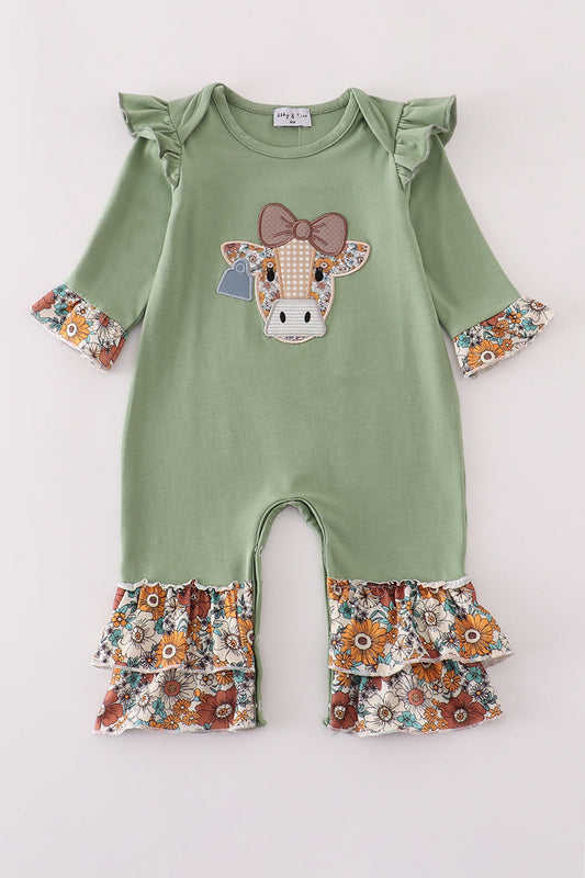 Green cow applique floral print ruffle romper