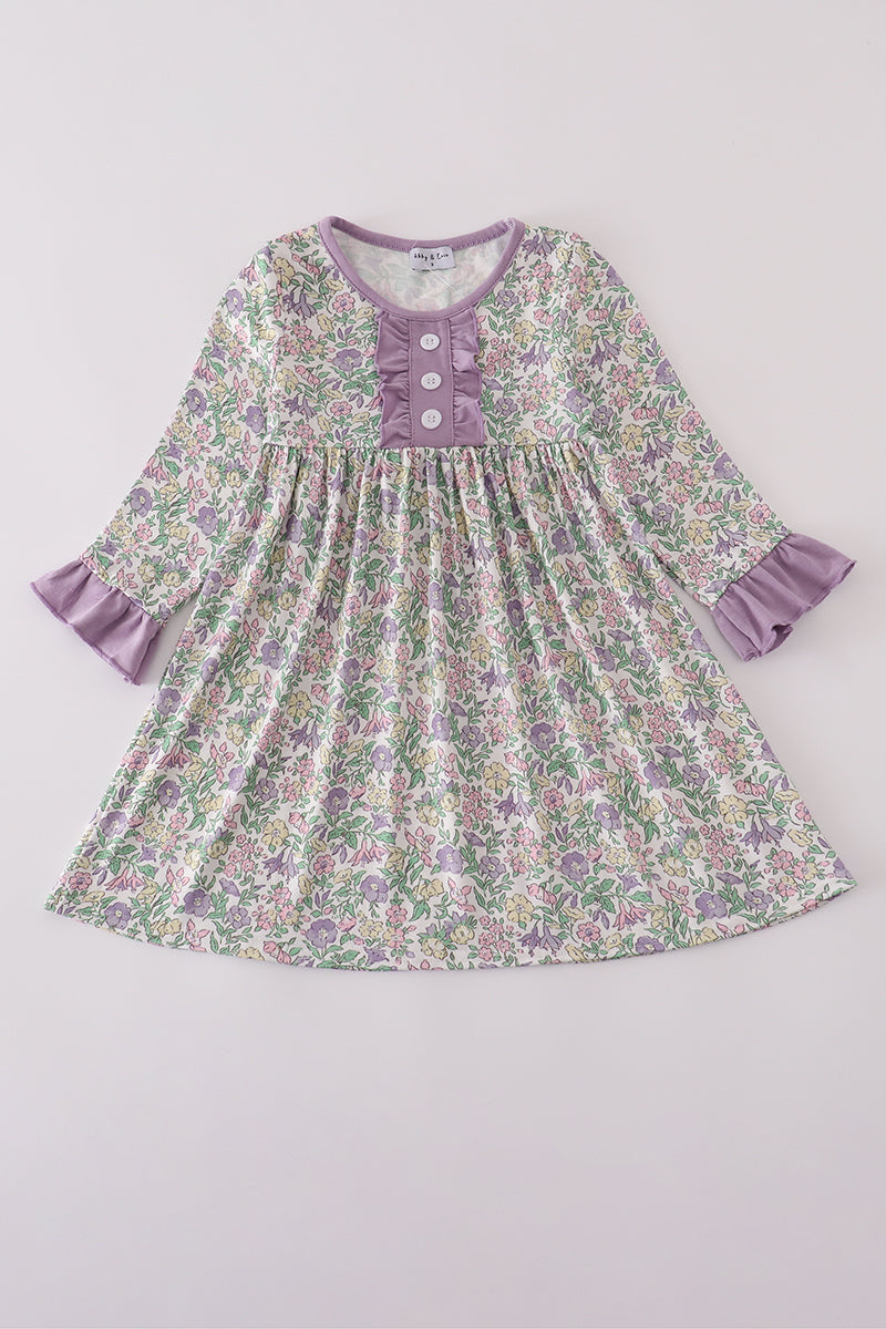 Purple floral print ruffle dress