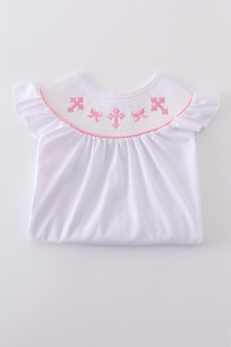 Pink cross embroider smocked dress