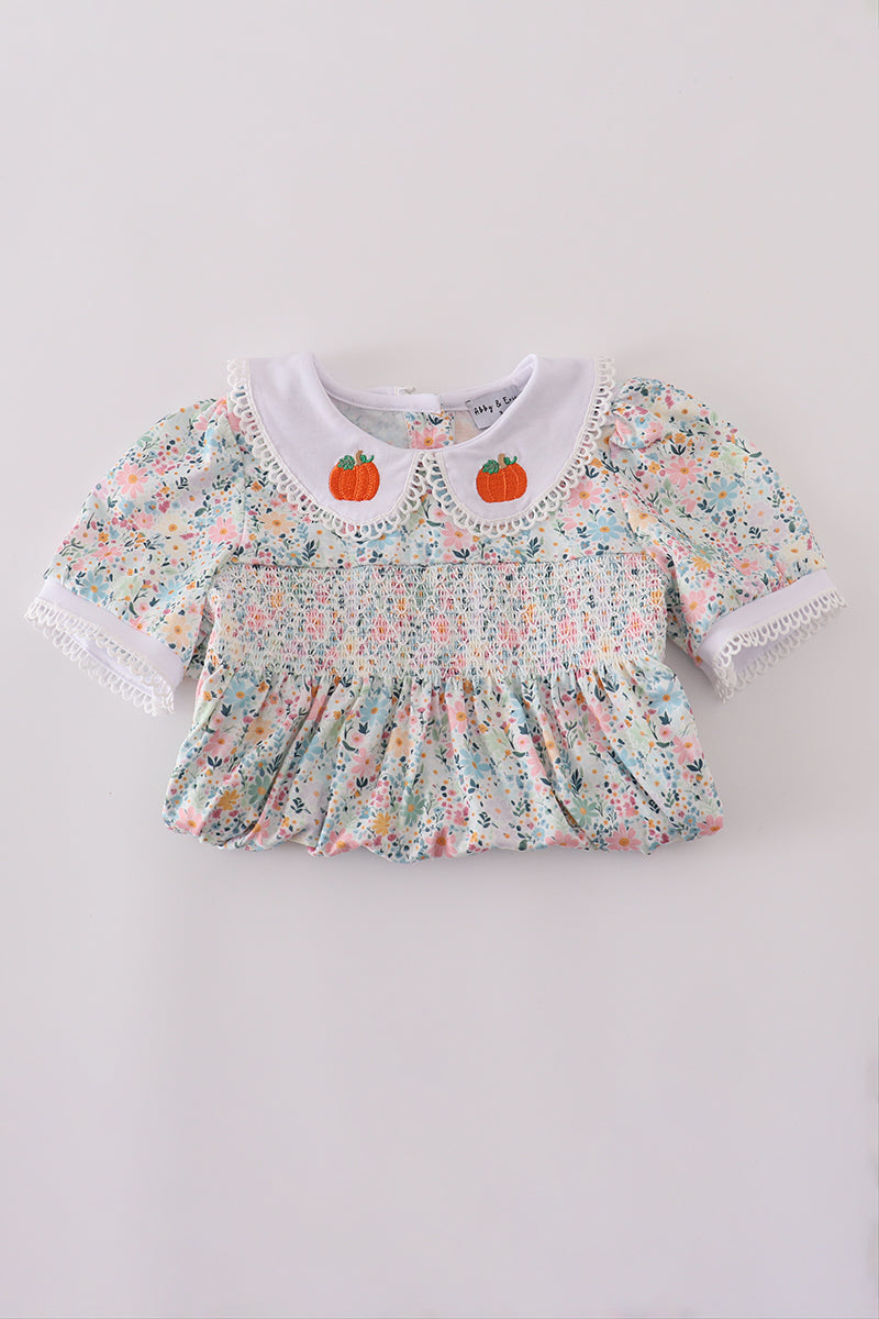 Green floral pumpkin embroidery smocked ruffle pants set