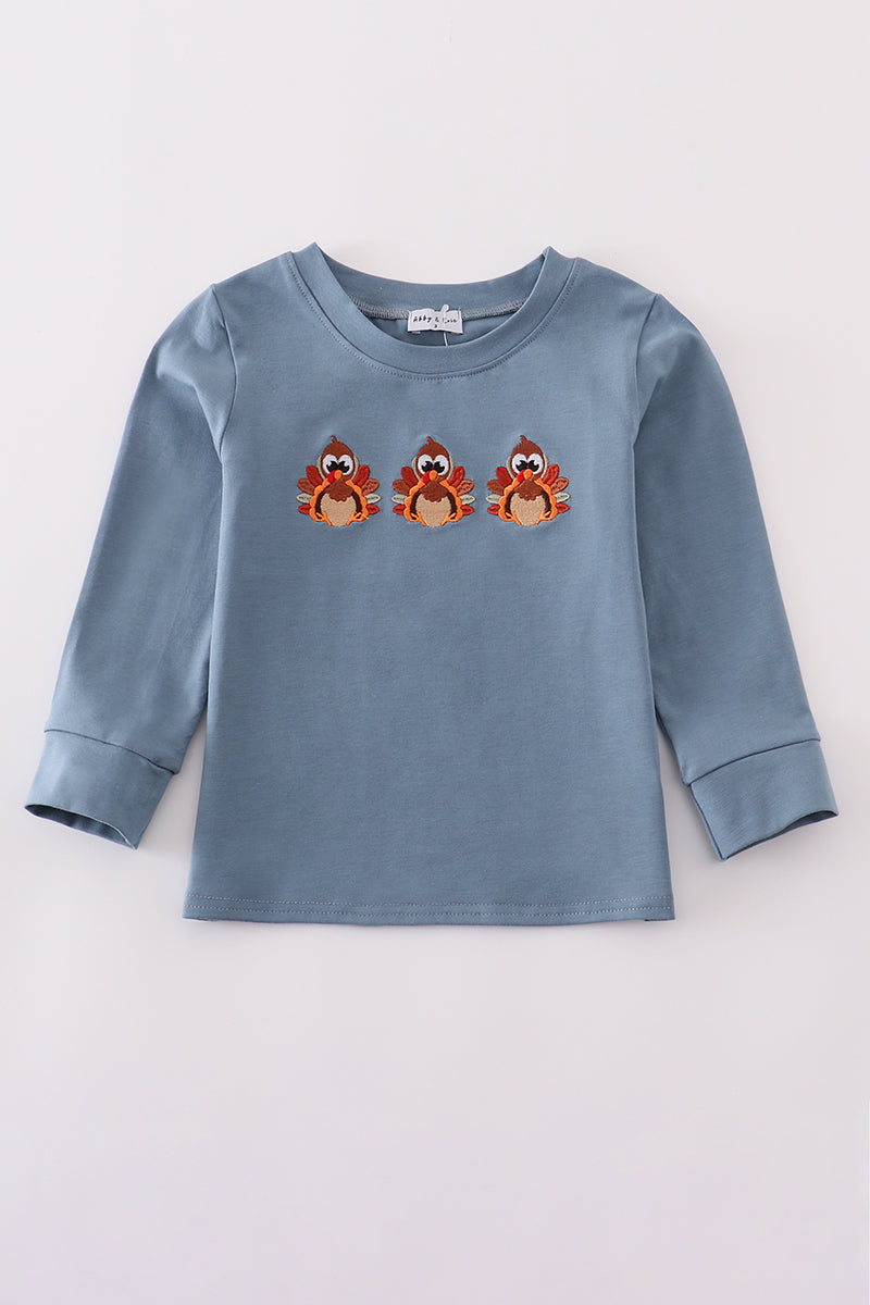 Blue turkey embroidery ruffle pants set