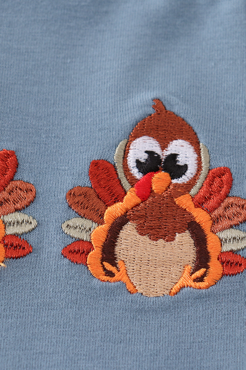 Blue turkey embroidery ruffle pants set