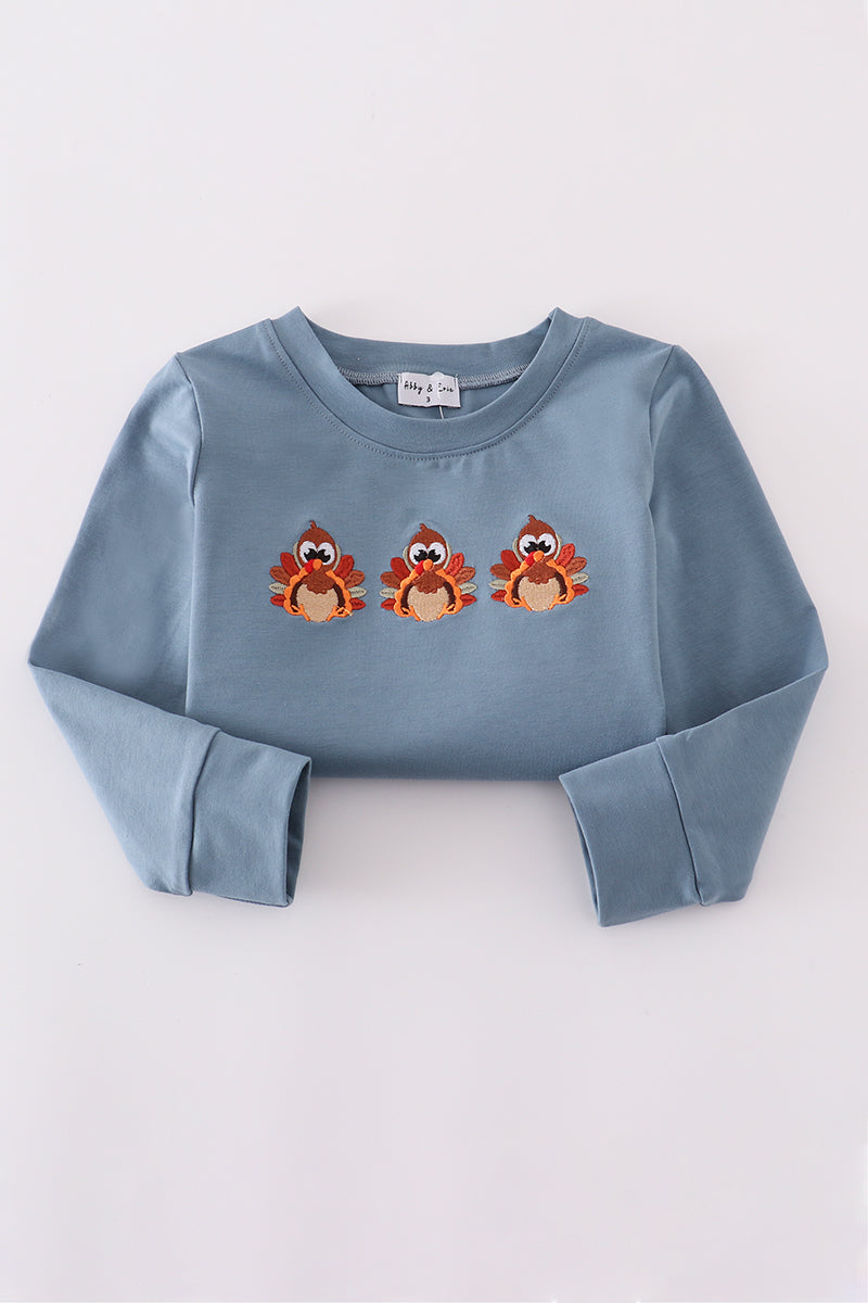 Blue turkey embroidery ruffle pants set