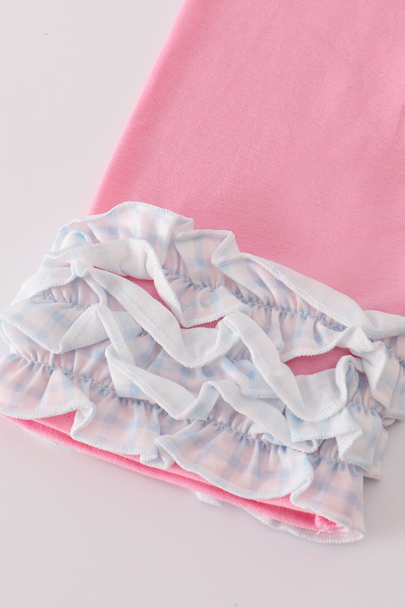 Pink character embroidery ruffle pants set