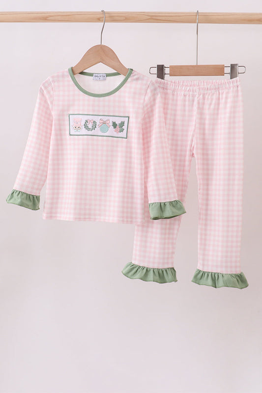 Pink nutcracker embroidery gingham pajama set