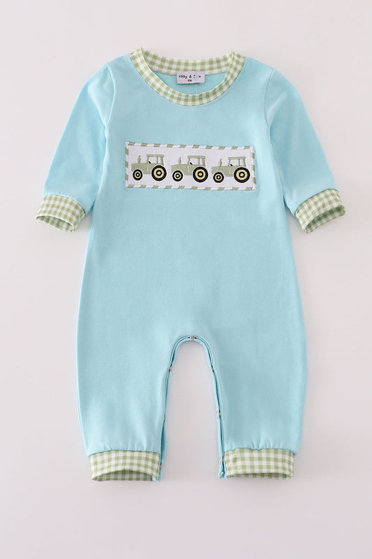 Blue tractor embroidery romper