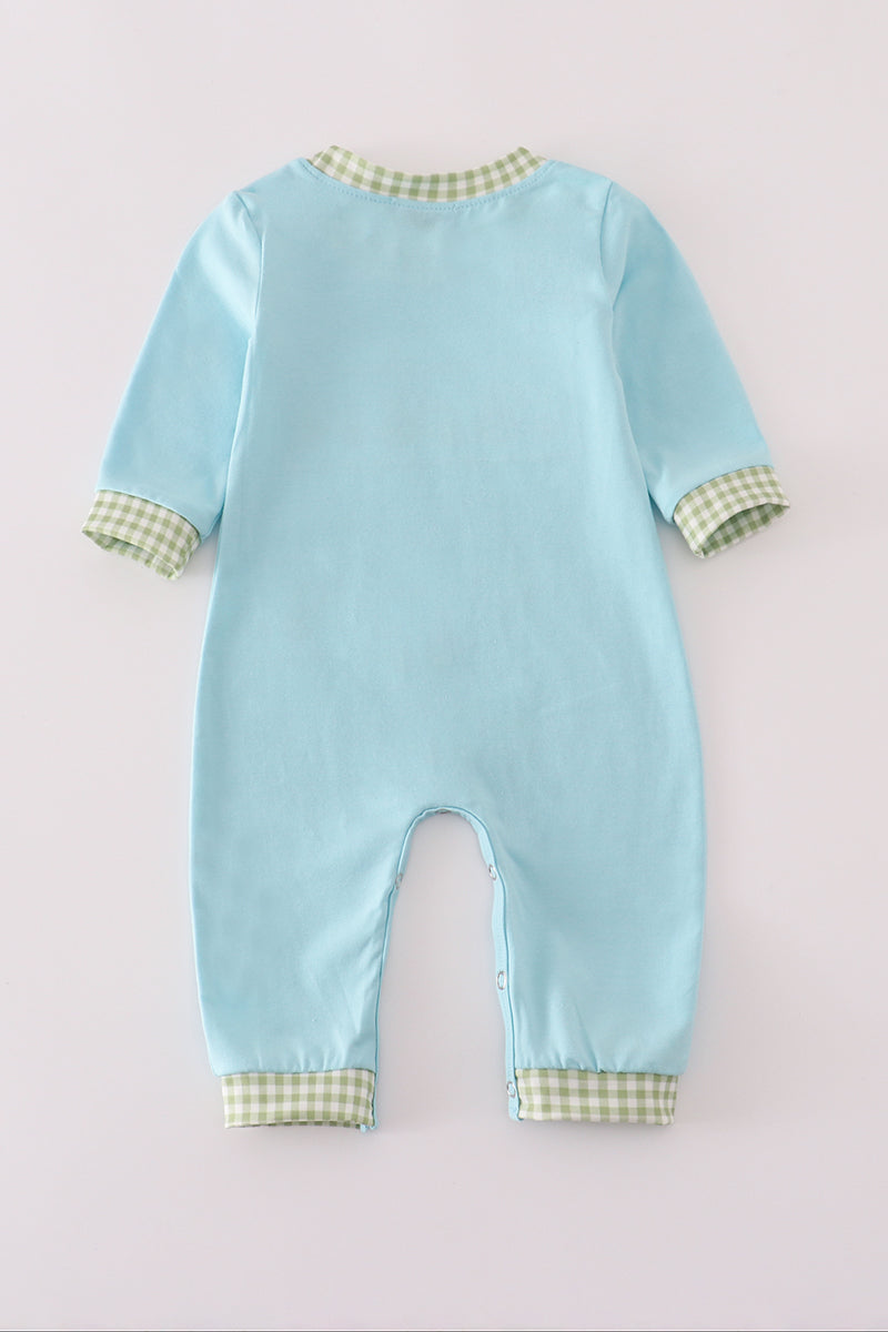 Blue tractor embroidery romper