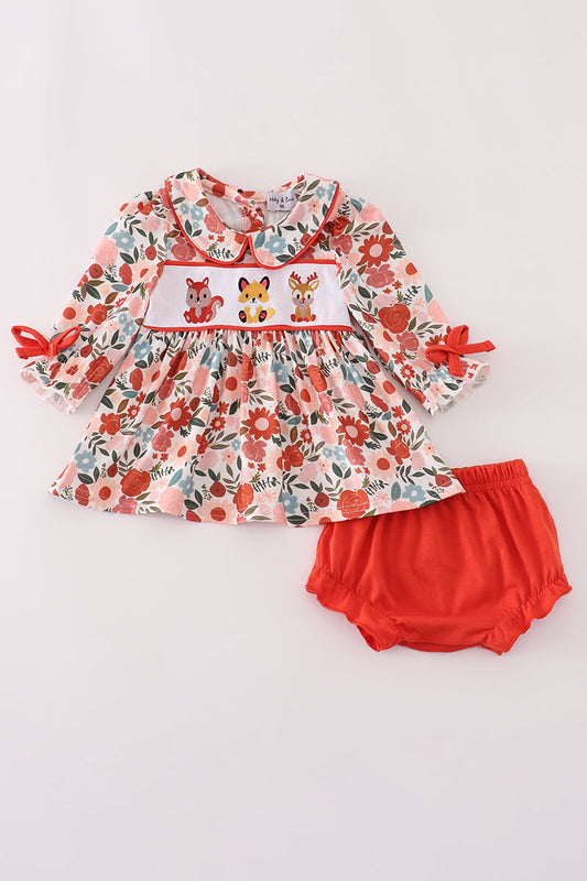 Fox embroidery floral print bloomer set