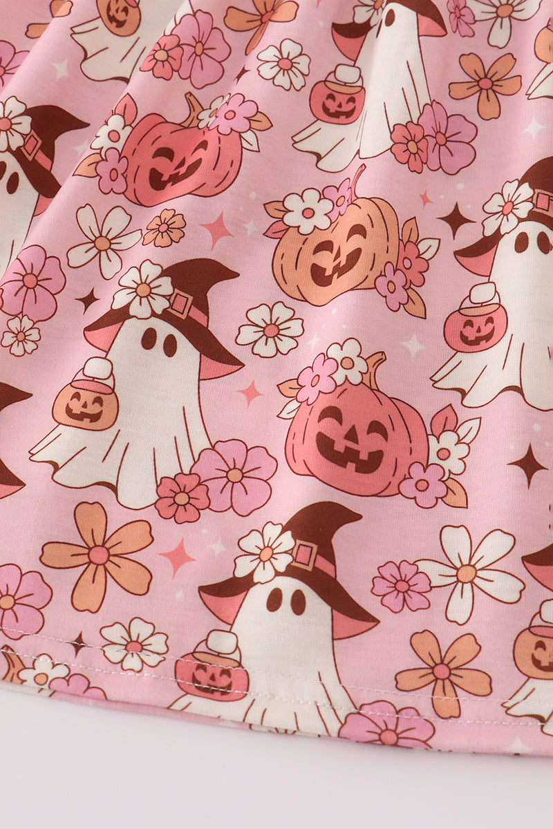 Pink pumpkin ghost print ruffle dress