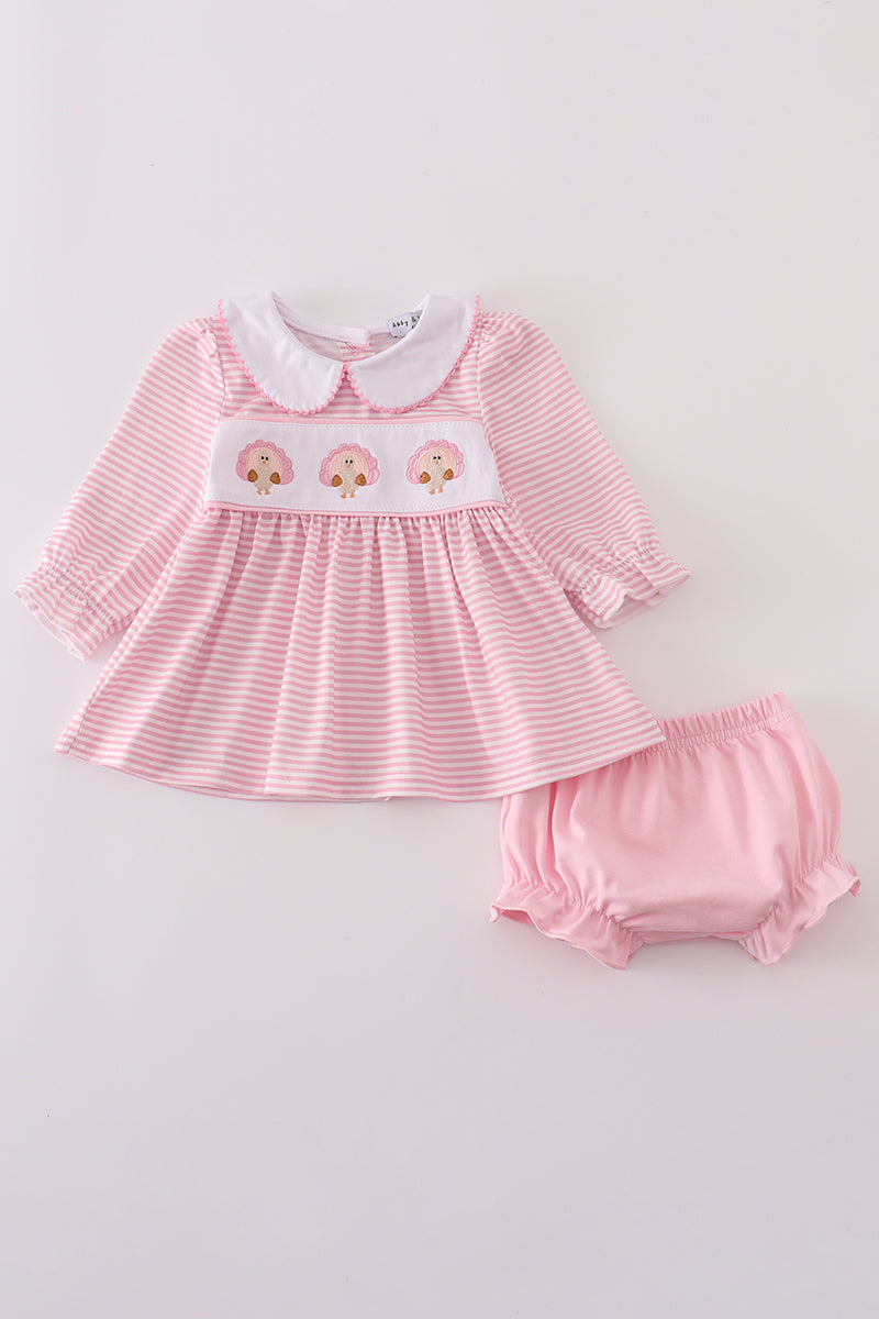 Pink turkey embroidery stripe bloomer set