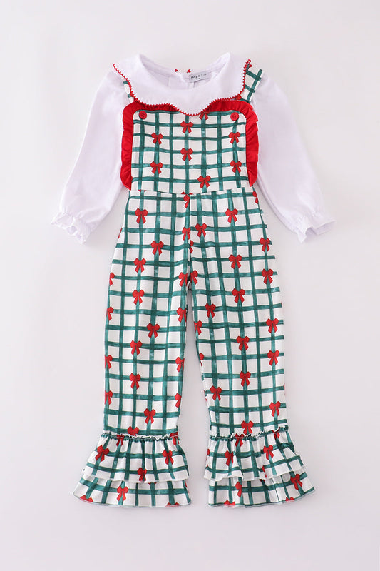Green bow plaid jumpsuit set