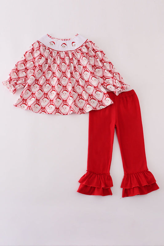 Red santa claus smocked ruffle pants set