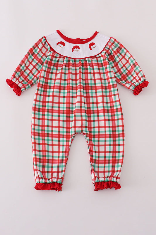 Red santa claus embroidery plaid ruffle romper
