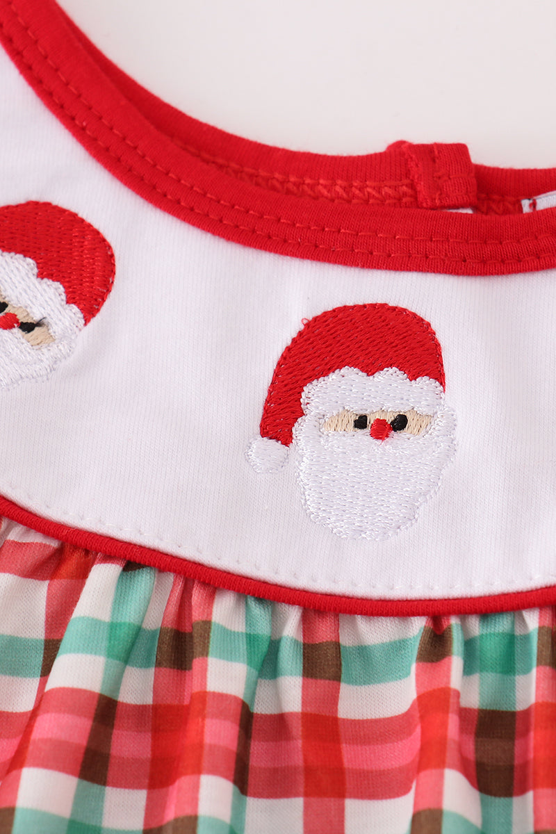 Red santa claus embroidery plaid ruffle romper