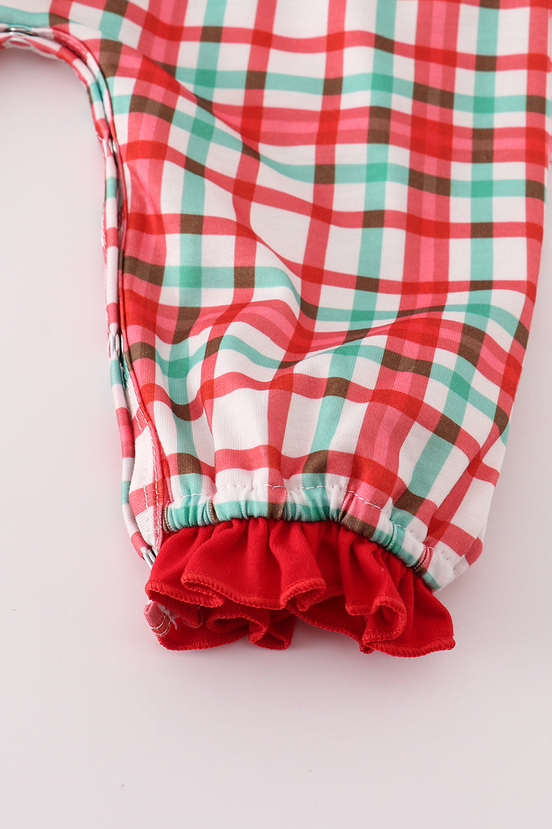 Red santa claus embroidery plaid ruffle romper