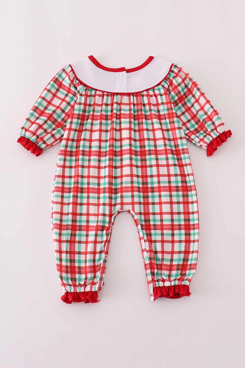 Red santa claus embroidery plaid ruffle romper