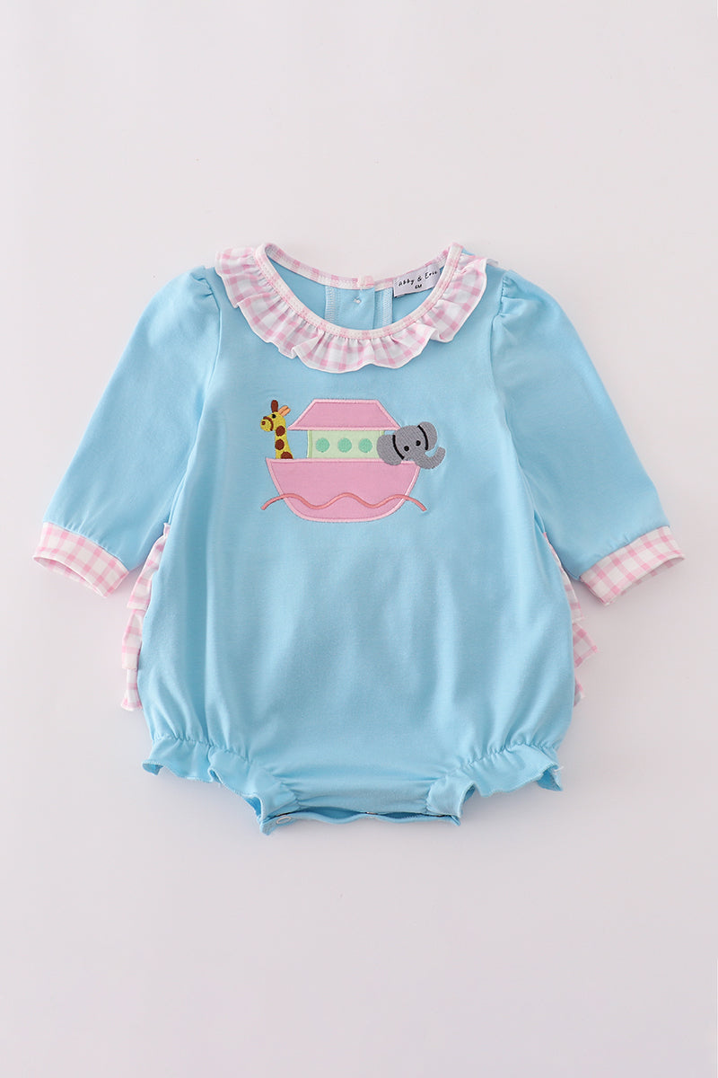 Blue Noah's Ark applique ruffle bubble