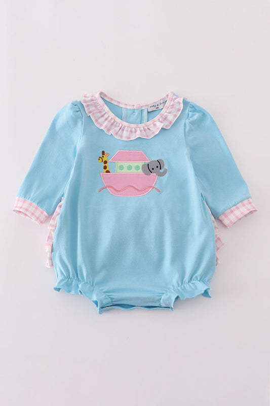 Blue Noah's Ark applique ruffle bubble