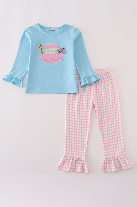 Blue Noah's Ark applique ruffle pants set