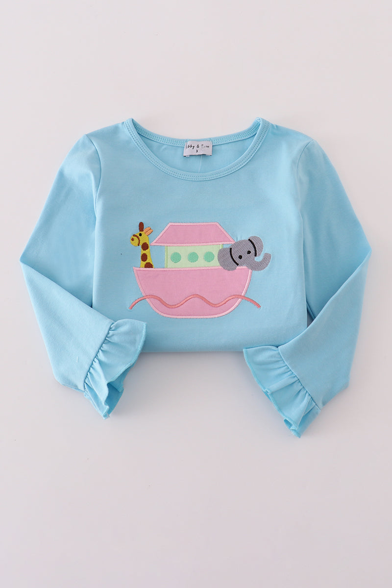Blue Noah's Ark applique ruffle pants set