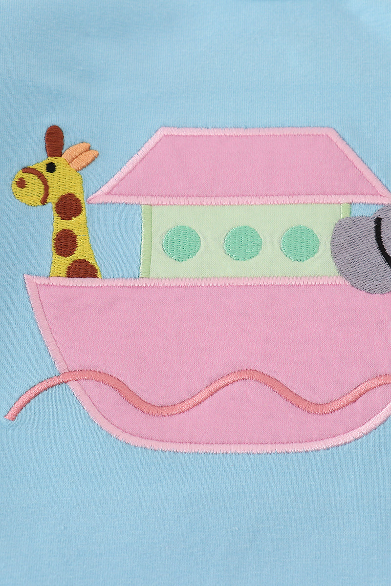 Blue Noah's Ark applique ruffle pants set