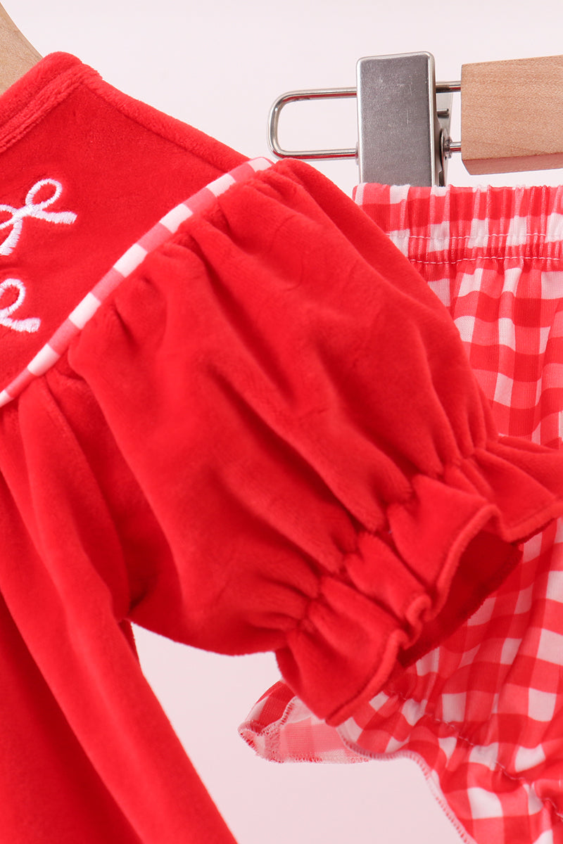 Red bow embroidery velvet bloomer set