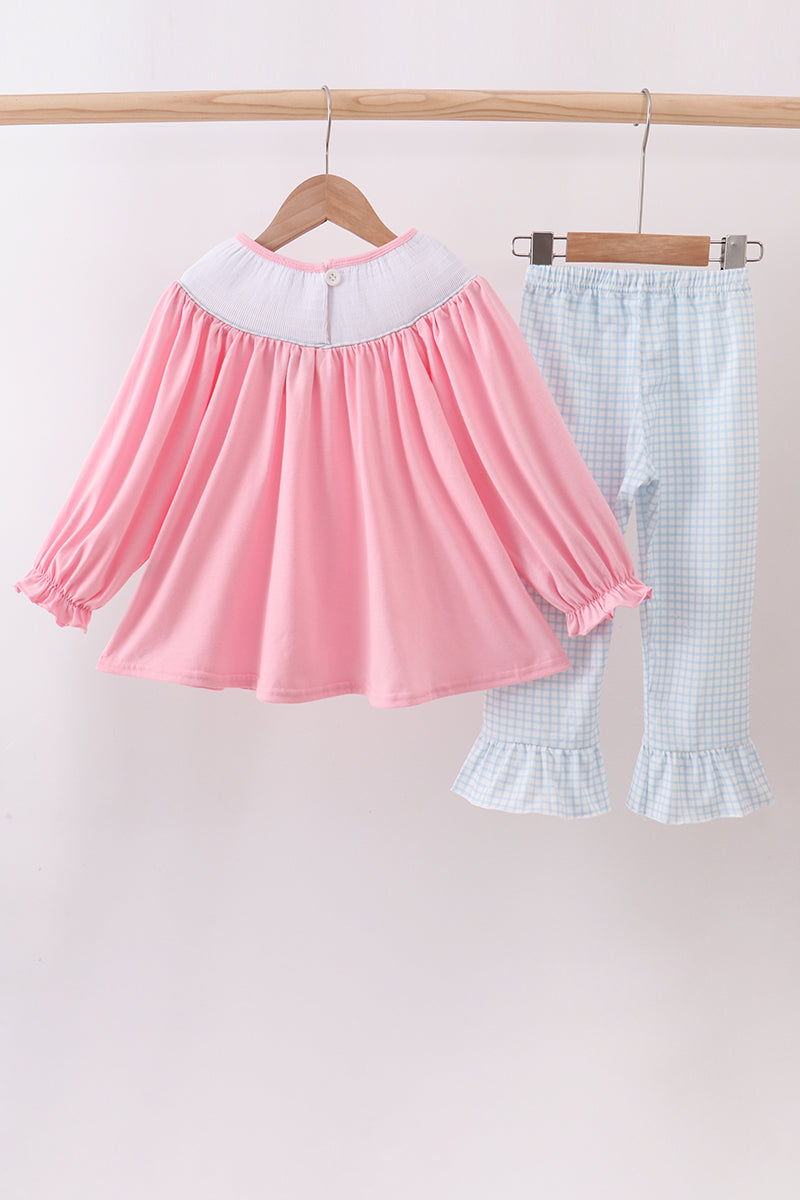 Pink animal smocked ruffle pants set