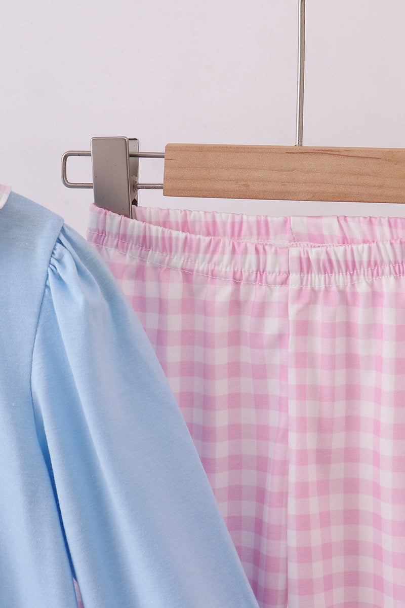 Blue puppy embroidery ruffle pants set