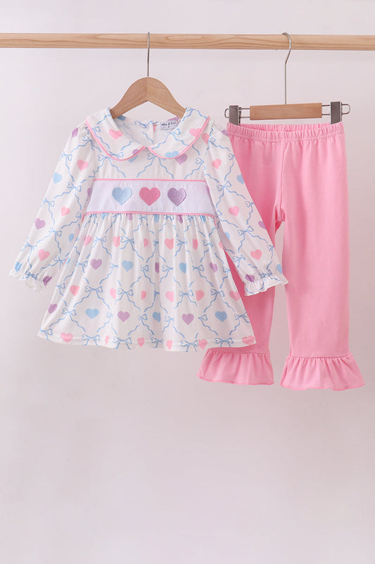 Multicolored heart smocked ruffle pants set