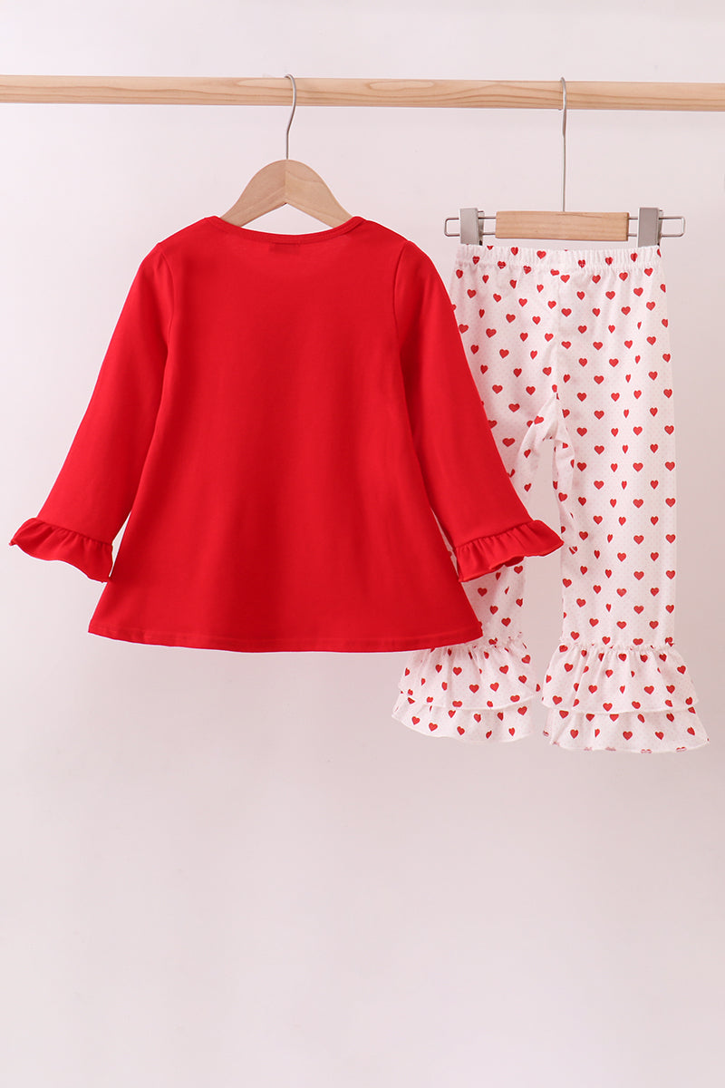 Red bow applique ruffle pants set