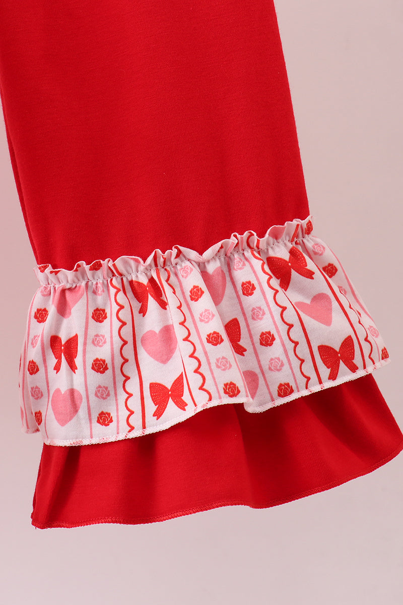 Red heart bow smocked ruffle pants set