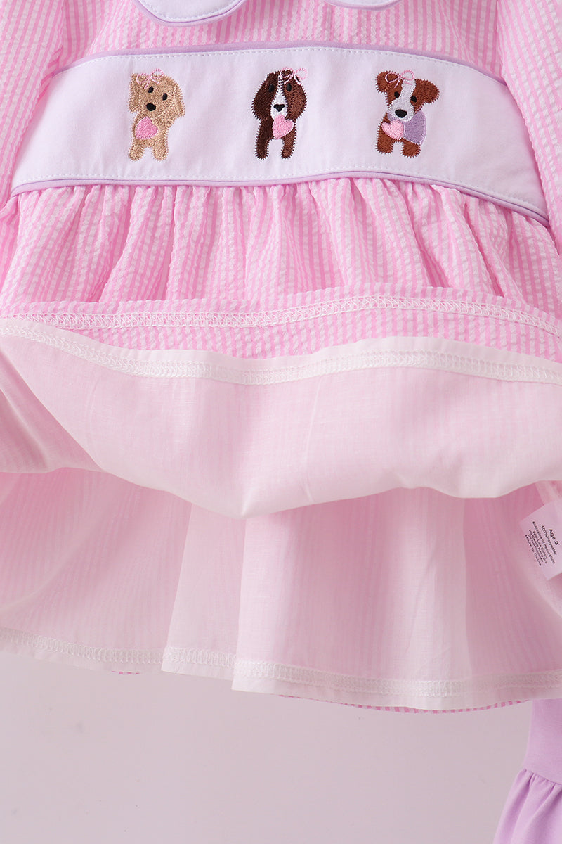 Pink puppy embroidery seersucker ruffle pants set