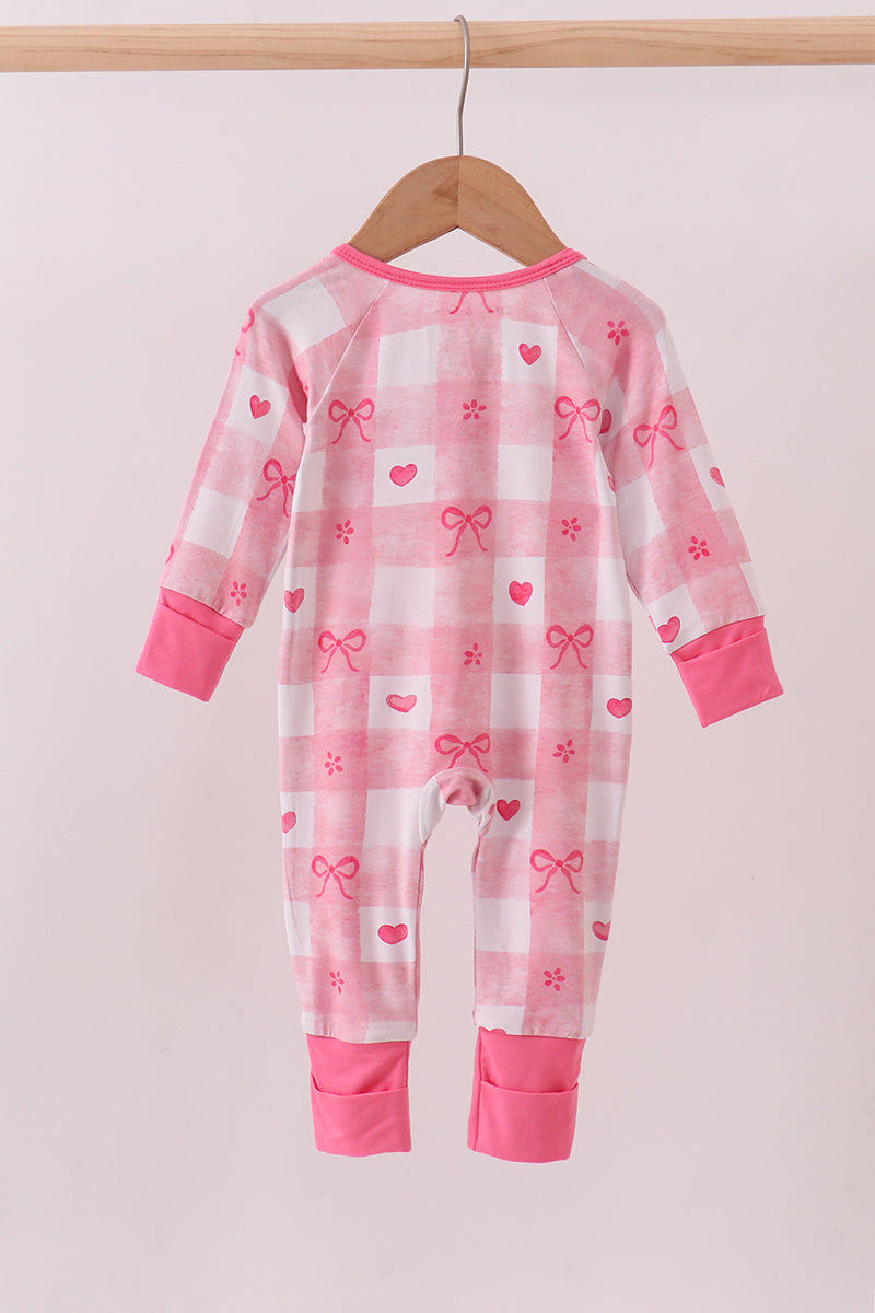 Pink heart checkered bamboo ruffle pajama zipper romper