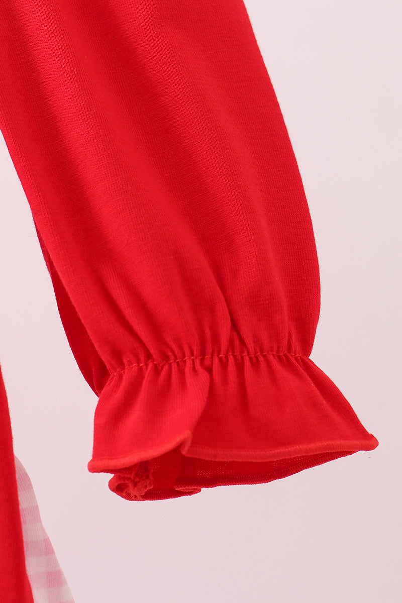 Red heart bow applique ruffle bubble