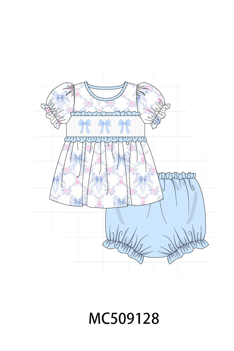 PO65 Blue bow floral smocked ruffle collection