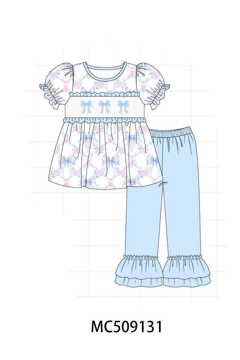 PO65 Blue bow floral smocked ruffle collection