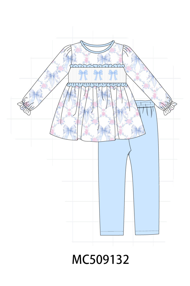 PO65 Blue bow floral smocked ruffle collection